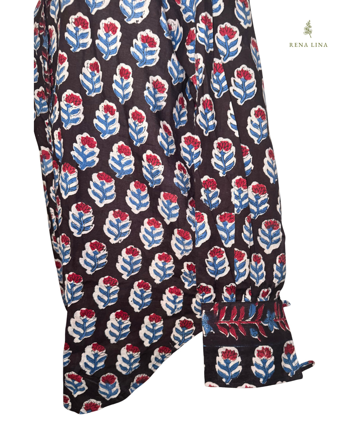 Black, Red & Blue Small Floral Block Print Cotton Blouse with Ruffle Collar