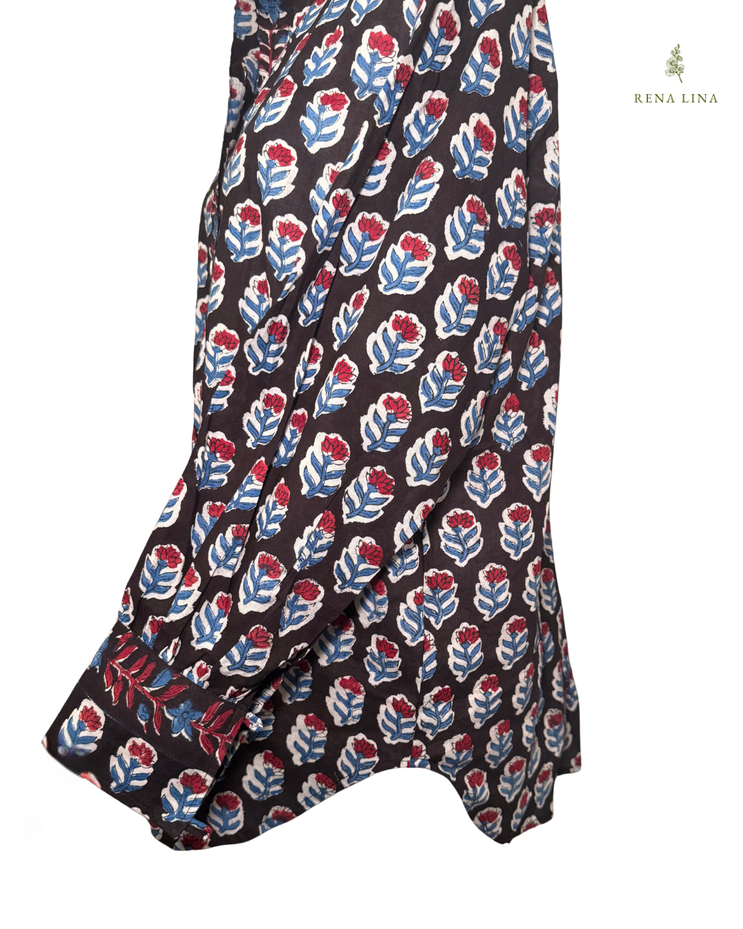 Black, Red & Blue Small Floral Block Print Cotton Blouse with Ruffle Collar