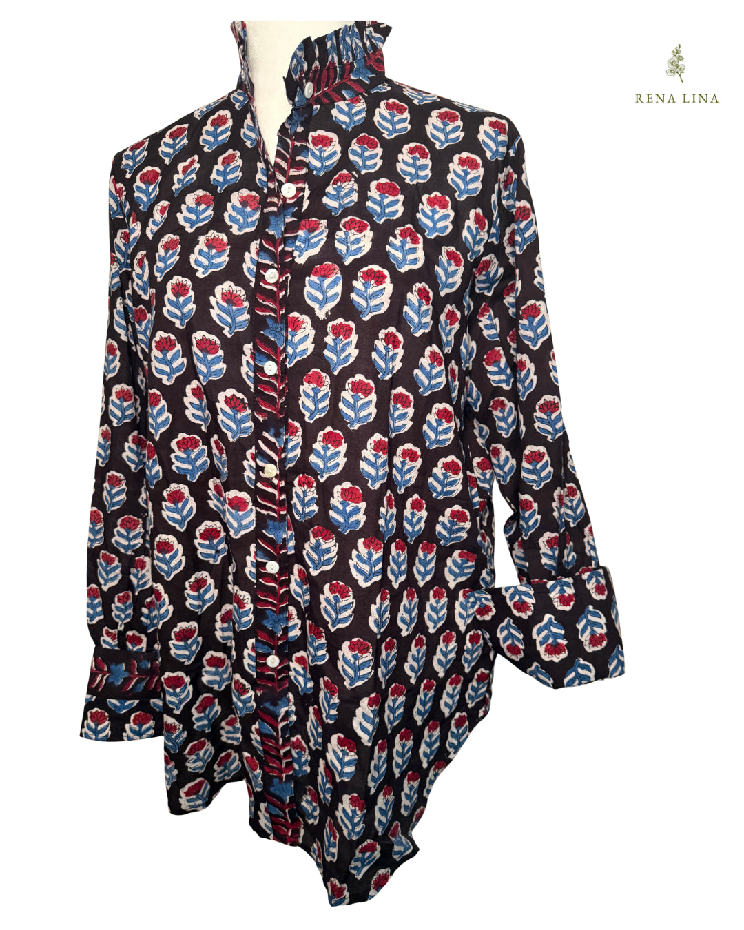 Black, Red & Blue Small Floral Block Print Cotton Blouse with Ruffle Collar