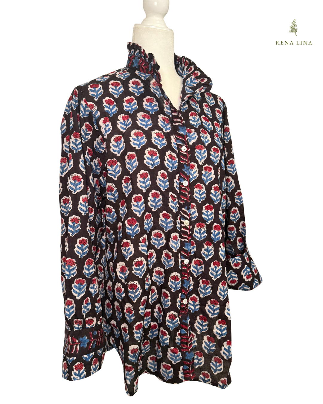 Black, Red & Blue Small Floral Block Print Cotton Blouse with Ruffle Collar