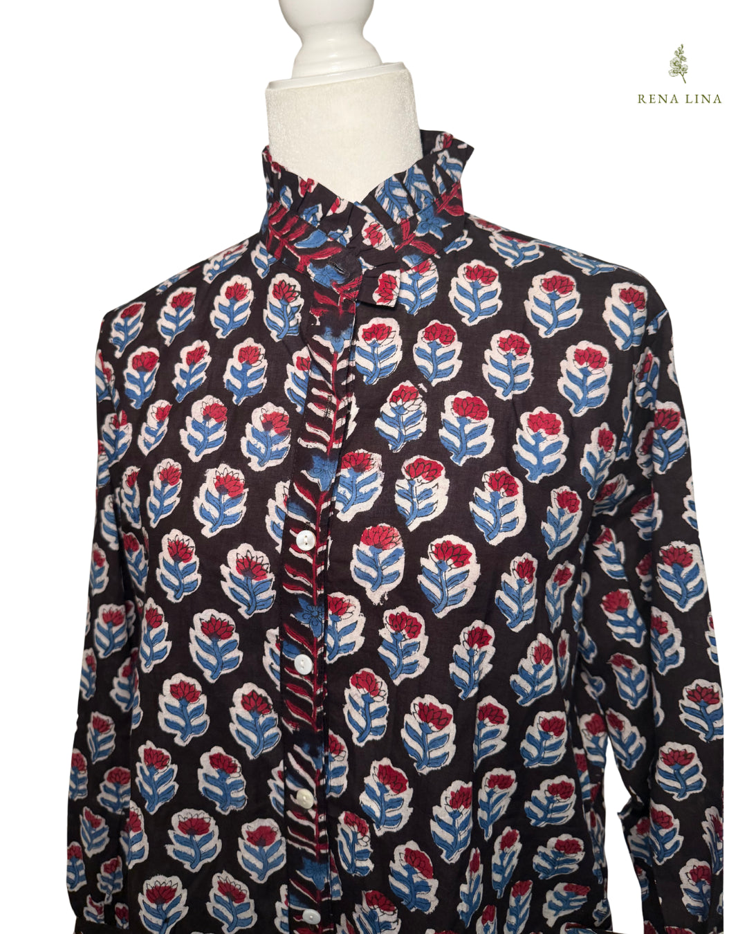 Black, Red & Blue Small Floral Block Print Cotton Blouse with Ruffle Collar